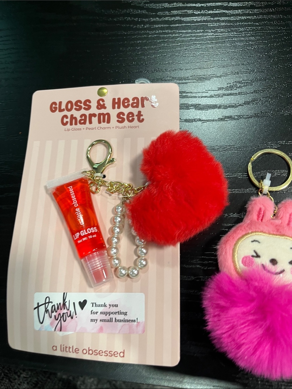 Gloss & Heart Charm Set with Red Lip Gloss and Red Plush Heart -